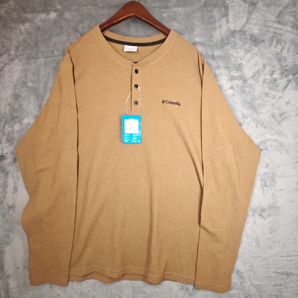 Columbia New Henley Shirt Men XXL Brown Pine Peak Waffle Knit Long Sleeve AM1993